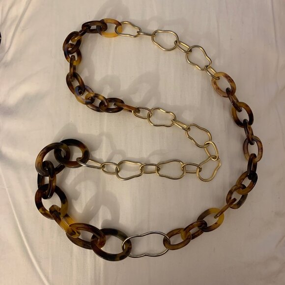 Gold Tone Faux Tortoise Shell Link Chain Long Statement Necklace - Picture 5 of 5